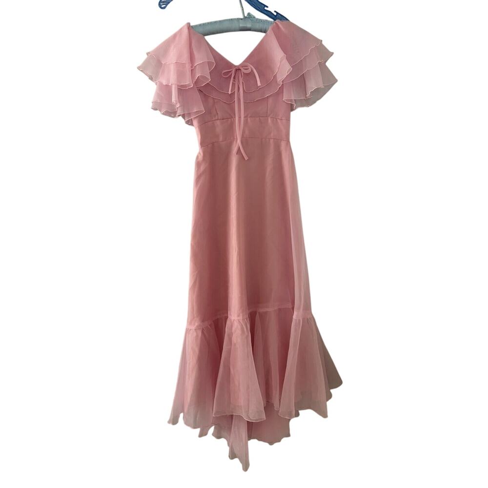 SOLD Vintage 1970s JCPenny Pink Ruffles Prom Bridesmaid Formal Prairie Dress XS